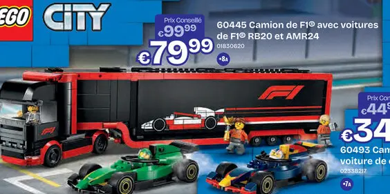 Offre: 60445 LEGO City Camion de F1 avec voitures de F1 RB20 et AMR
