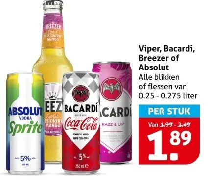 Aanbieding: Viper, Bacardi, Breezer of Absolut