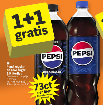 Aanbieding: Pepsi regular en zero sugar 1.5 literfles Combineren mogelijk
