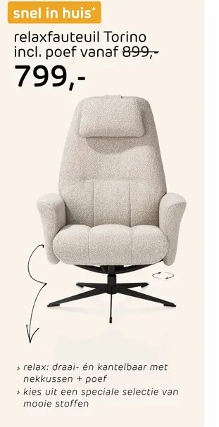 Promotie: Torino, relaxfauteuil met poef - stof Cloudy - beige
