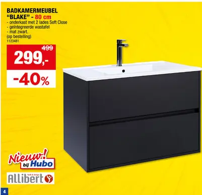 Aanbieding: Allibert Blake wastafelkast met wastafel 80cm 2 lades mat zwart