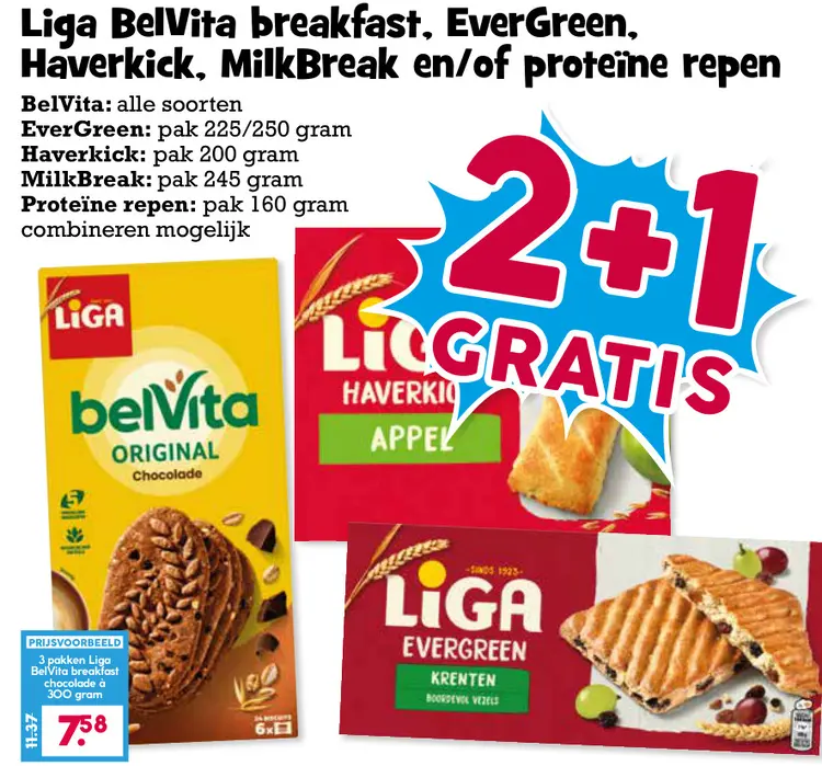 Aanbieding: Liga BelVita breakfast, EverGreen, Haverkick, Milkbreak en/of Proteïne repen