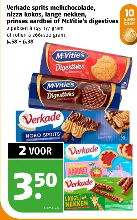 Aanbieding: Verkade sprits melkchocolade, nizza kokos, laange nekken, prinses aardbei of McVitie's digestives
