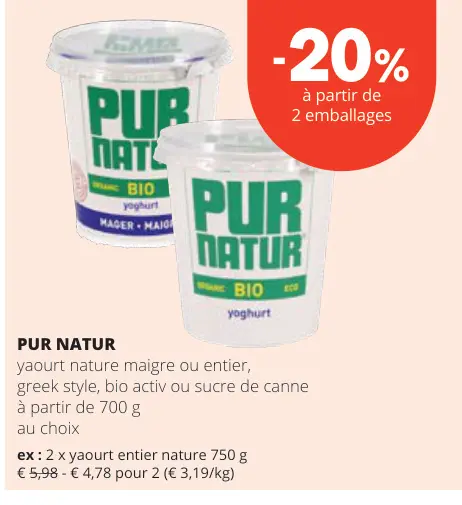 Offre: PUR NATUR yaourt nature maigre ou entier, greek style