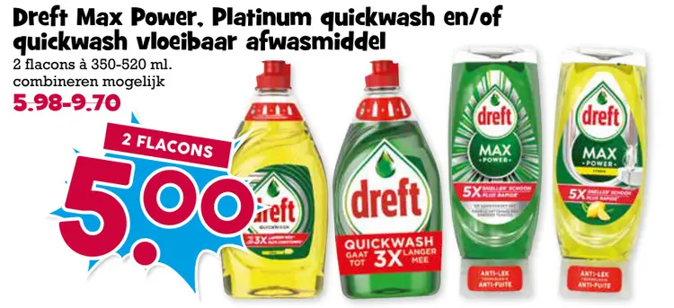 Aanbieding: Dreft Max Power, Platinum quickwash en/of quickwash vloeibaar afwasmiddel
