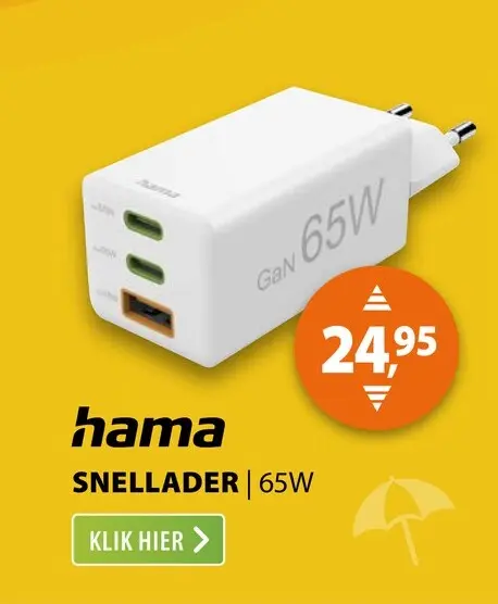 Aanbieding: Hama Fast Charger 2x USB-C PD 1x USB-A QC Mini-Charger 65 W Wit