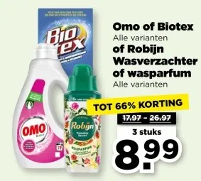 Aanbieding: Omo of Biotex of Robijn Wasverzachter of wasparfum
