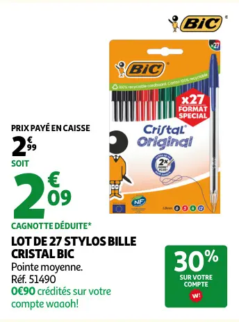 Promotie: Lot de 27 stylos bille cristal BIC