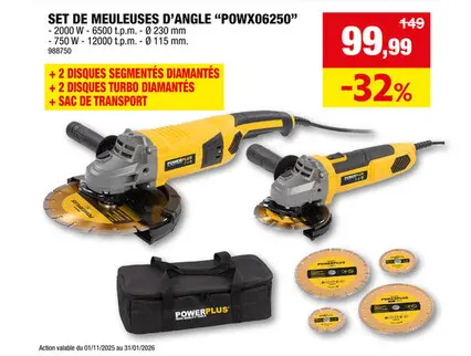 Offre: Powerplus POWX06250 meuleuse d'angle 2000W 230mm + 750W 115mm