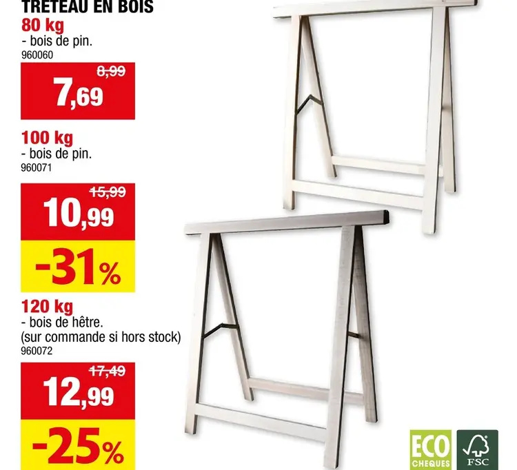 Offre: Diggers tréteau 100kg 75x75 cm pin