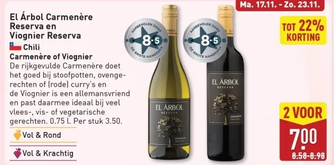 Aanbieding: El Árbol Carmenère Reserva en Viognier Reserva