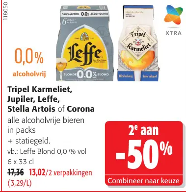 Promotie: Tripel Karmeliet, Jupiler, Leffe, Stella Artois of Corona