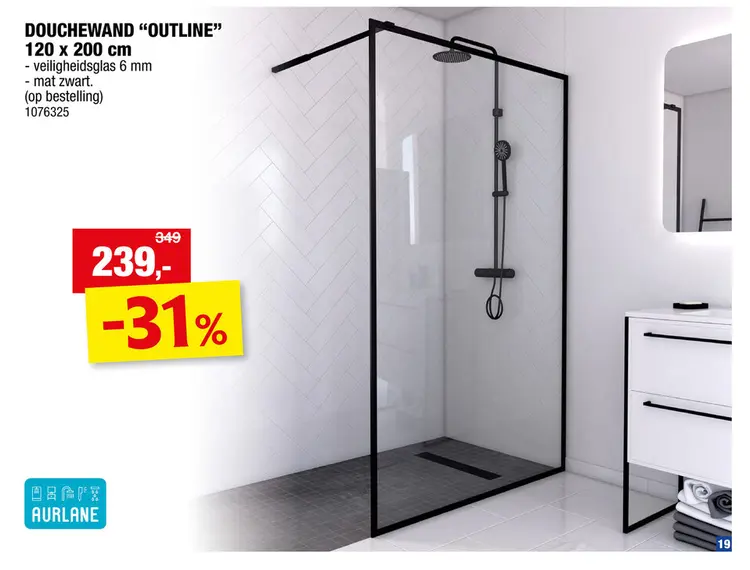 Promotie: Aurlane Outline douchewand 120x200 cm helder glas zwart