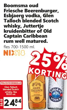 Aanbieding: Oud Friesche Beerenburger, Esbjaerg vodka, Glen Talloch blended Scotch whisky, Juttertje kruidenbitter of Old Captain Caribbean rum well matured