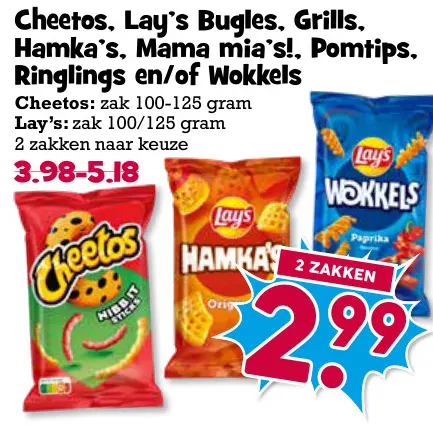 Aanbieding: Cheetos, Lay's Bugles, Grills, Hamka's, Mama mia's!, Pomtips, Ringlings en/of Wokkels