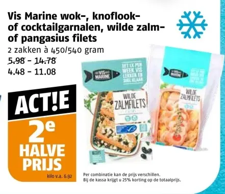 Aanbieding: Wok-, knoflook- of cocktailgarnalen, wilde zalm of pangasius filets