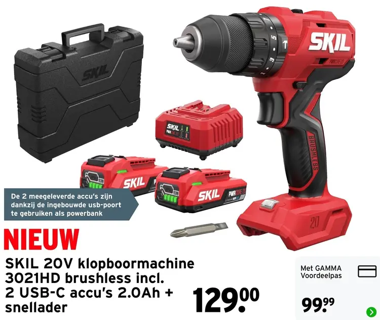Aanbieding: 20V klopboormachine 3021HD brushless incl. 2 USB-C accu's 2.0Ah + snellader