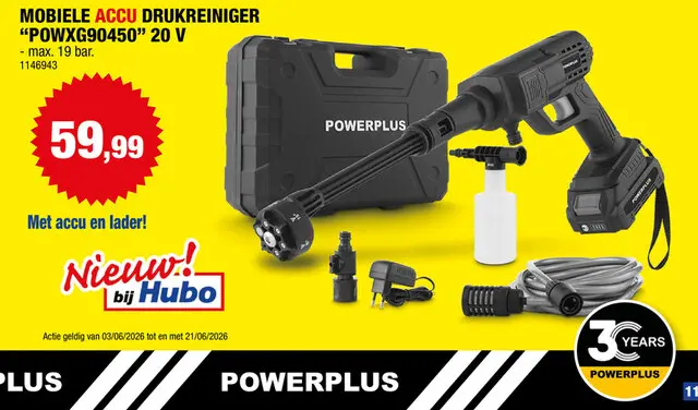 Promotie: Powerplus POWXG90450 accu hogedrukreiniger 20V Li-Ion + lader