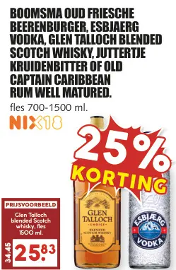 Aanbieding: Oud Friesche Beerenburger, Esbjærg vodka, Glen Talloch blended scotch whisky, Juttertje Kruidenbitter of Old Captain caribbean rum well matured