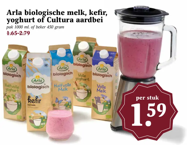 Aanbieding: Biologische melk, kefir, yoghurt of Cultura aardbei