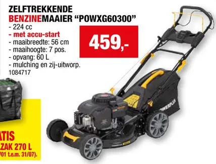 Promotie: Powerplus POWXG60300 benzine grasmaaier zelftrekkend 224cc 56cm
