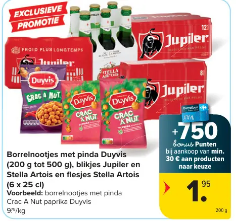 Promotie: Borrelnootjes met pinda Duyvis, blikjes Jupiler en Stella Artois en flesjes Stella Artois