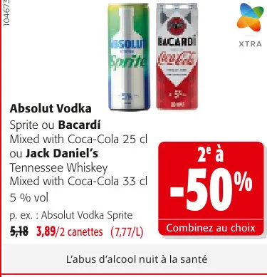 Offre: Absolut vodka, Bacardi ou Jack Daniel's