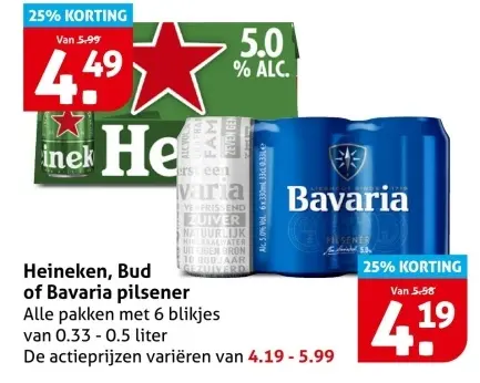 Aanbieding: Heineken, Bud of Bavaria pilsener