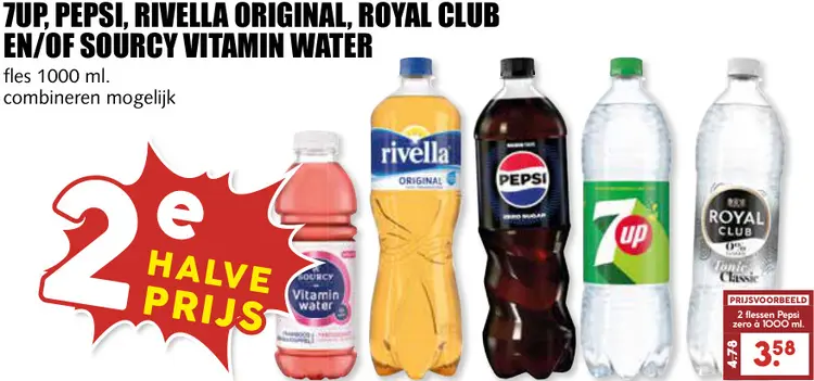 Aanbieding: 7up, pepsi, rivella original, royal club en/of sourcy vitamin water