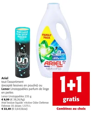 Offre: Ariel tout l'assortiment ou Lenor Unstoppables parfum de linge en perles