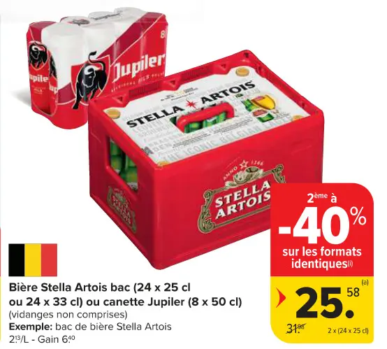 Offre: Bière Stella Artois bac ou canette Jupiler