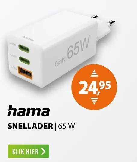 Aanbieding: Hama Fast Charger 2x USB-C PD 1x USB-A QC Mini-Charger 65 W Wit
