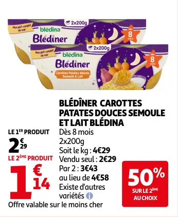 Promotie: Blédîner carottes patates douces semoule et lait blédina