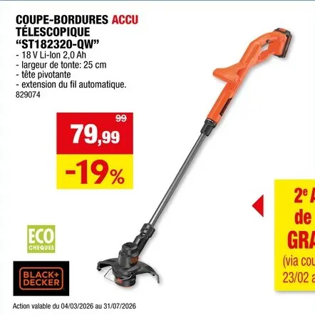 Offre: Black+Decker ST182320-QW coupe-bordures sans fil 18V Li-Ion 25cm