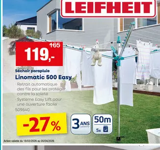 Offre: Leifheit Linomatic Easy 500 séchoir parapluie 50m