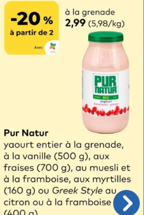 Offre: Pur Natur yaourt entier à la grenade