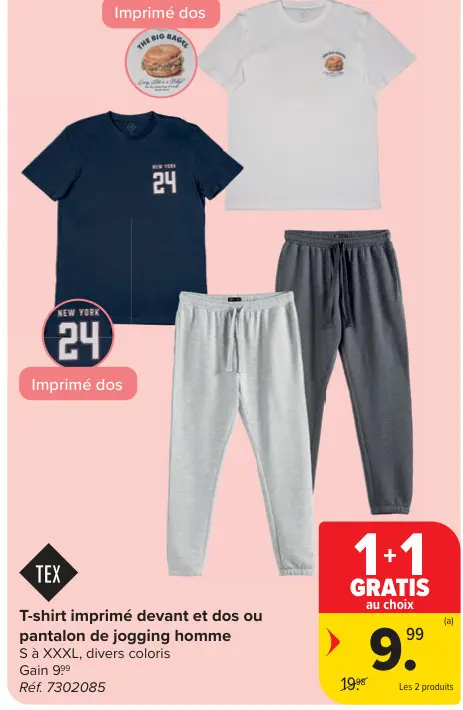 Offre: T-shirt imprimé devant et dos ou pantalon de