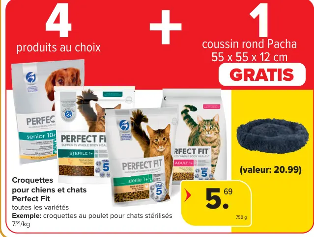 Offre: Croquettes pour chiens et chats + coussin rond Pacha