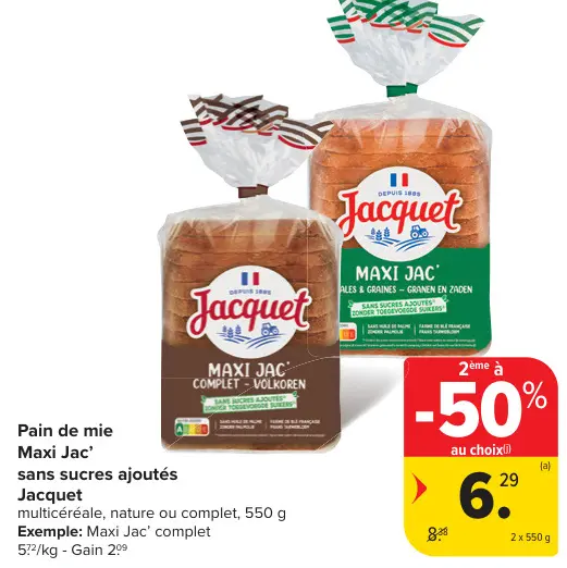 Offre: Pain de mie Maxi Jac' sans sucres ajoutés