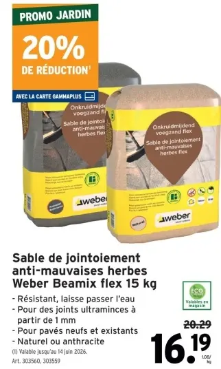 Offre: Sable de jointoiement anti-mauvaises herbes Weber Beamix flex