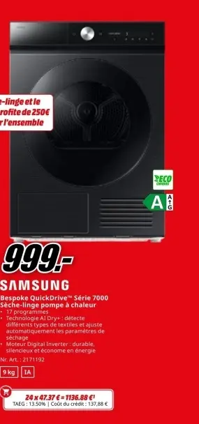 Offre: Bespoke QuickDrive™ Série 7000 Sèche-linge pompe à chaleur