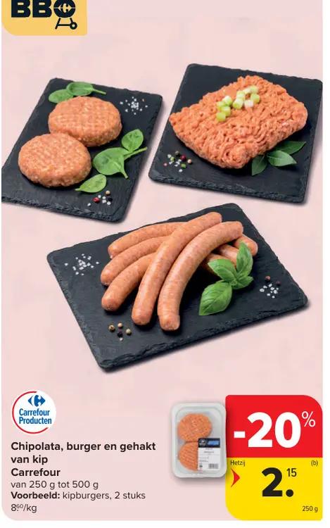 Promotie: Chipolata, burger en gehakt van kip