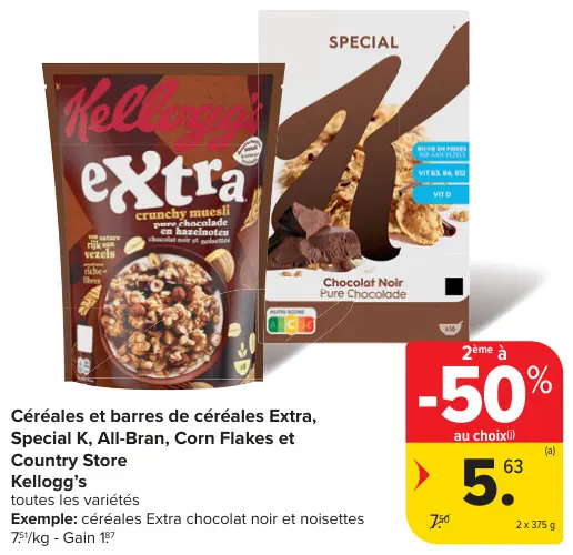 Offre: Céréales et barres de céréales Extra, Special K, All-Bran, Corn Flakes et Country Store