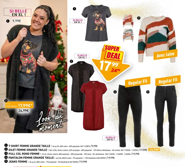 Offre: T-shirt femme grande taille, gilet grande taille, pul col rond, pantalon ou jeans