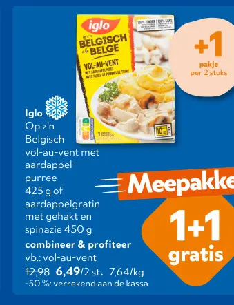 Promotie: Op z'n Belgisch vol-au-vent met aardappelpuree of aardappelgratin met gehakt en spinazie