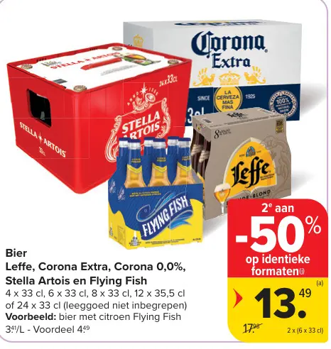 Promotie: Bier Leffe, Corona Extra, Corona 0,0%, Stella Artois en Flying Fish