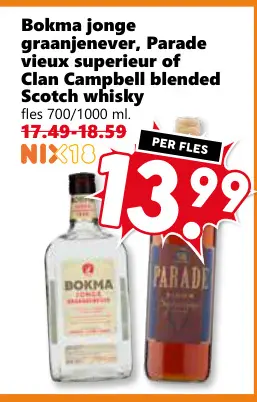 Aanbieding: Bokma jonge graanjenever, Parade vieux superieur of Clan Campbell blended Scotch whisky