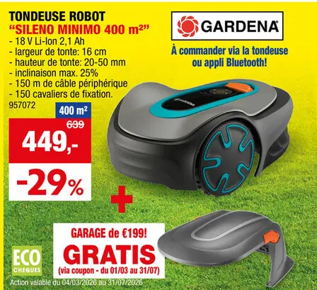 Offre: Gardena Sileno Minimo 400 tondeuse robot 18V Li-Ion 400m²