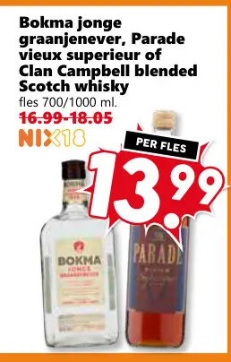 Aanbieding: Bokma jonge graanjenever, Parade vieux superieur of Clan Campbell blended scotch whisky