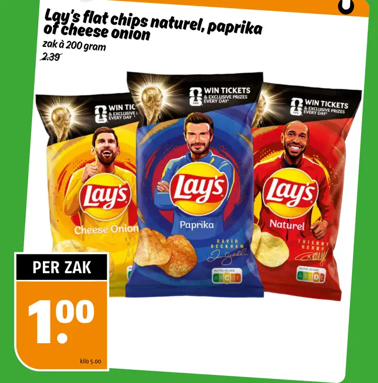 Aanbieding: Lays flat chips naturel, paprika of cheese onion
